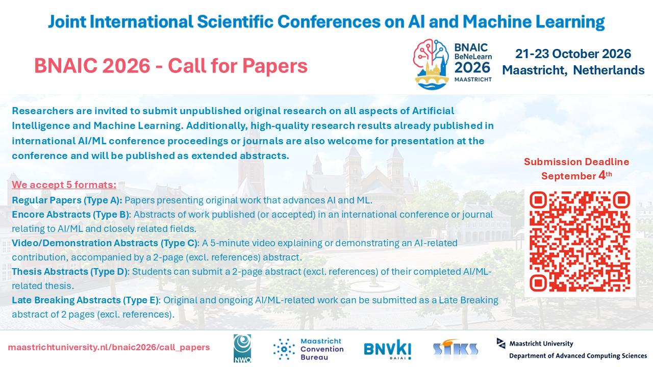 BNAIC/BeNeLearn 2026 — Late Breaking AI·ML 초록(Type E) 모집 포스터