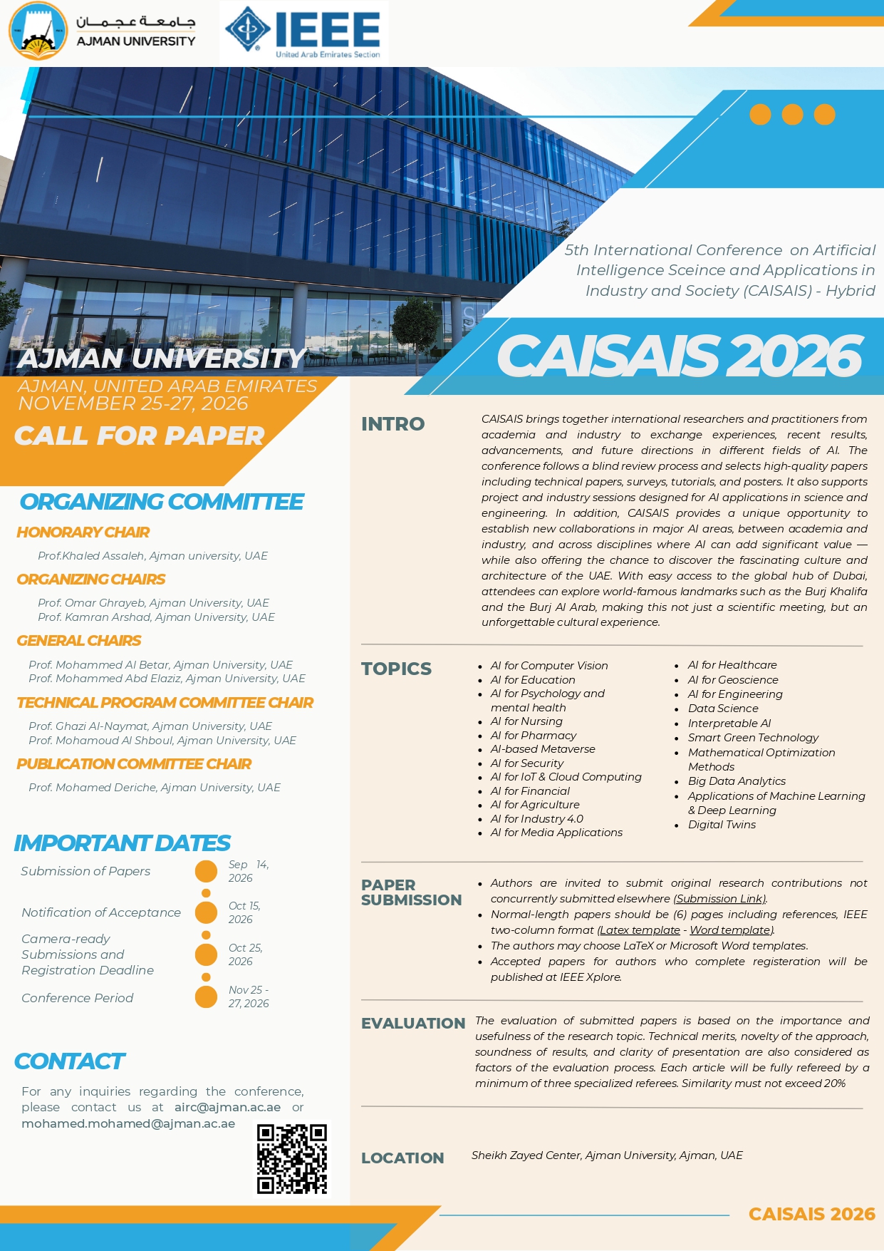 제5회 산업·사회 인공지능 과학 및 응용 국제학술대회(CAISAIS 2026) 논문 모집 포스터