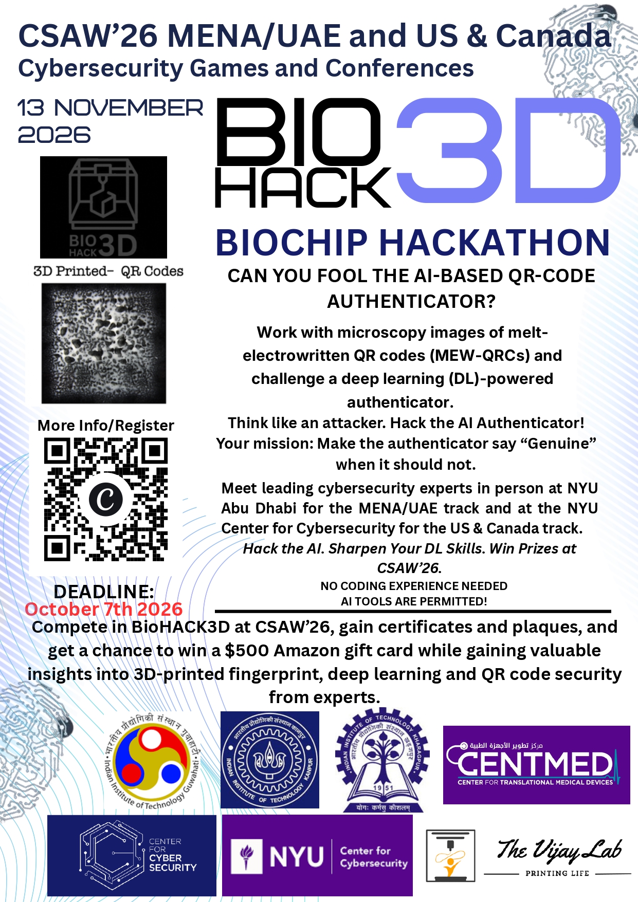 CSAW BioHack 3D 2026 — AI 기반 QR 인증 보안 챌린지 포스터